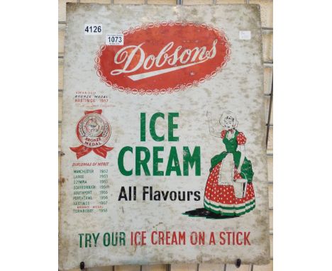 DOBSONS ENAMEL SIGN. Dobsons Ice Cream enamelled double sided advertising sign, c1950s
