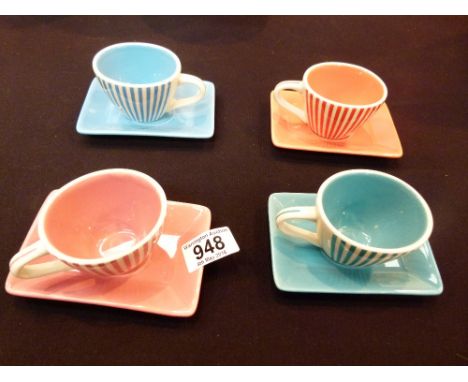 ART DECO CUPS & SAUCERS. Four Art Deco cups and saucers marked LBVYR CONDITION REPORT: Plates 12.5 x 8 cm
Cup H: 5.5 cm
All p