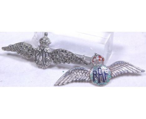 RAF SWEET HEART BADGES. Two RAF sweet heart badges, one silver with enamel the other white metal marcasite