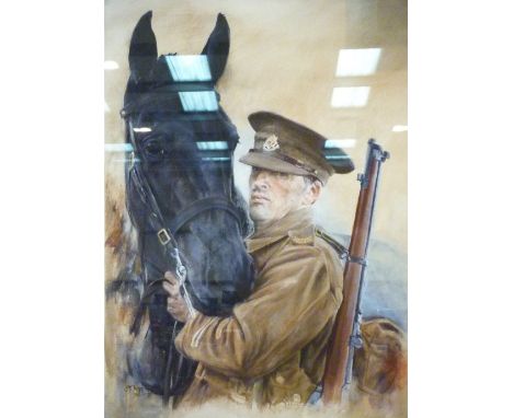 SARAH CLEGG PRINT.  Limited edition print Duty Bound, depicting WW1 scene of soldier and horse 9/250 36 x 54 cm