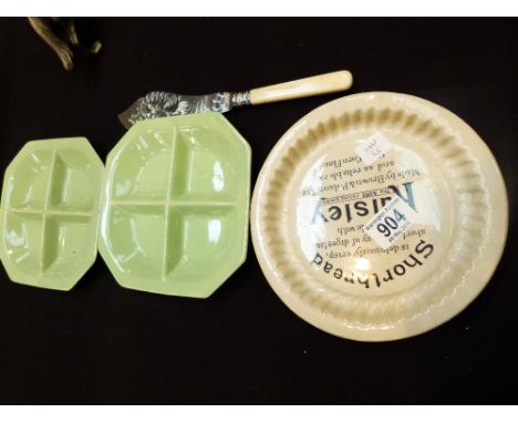 ADVERTISING SHORTBREAD PLATE. Rousley advertising shortbread plate and two Greek hors d'oeuvres plates