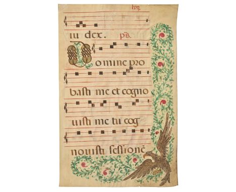A post-Medieval illuminated manuscript antiphonal leaf, Europe, 16th or 17th c,&nbsp;black ink on vellum, some red rubricatio