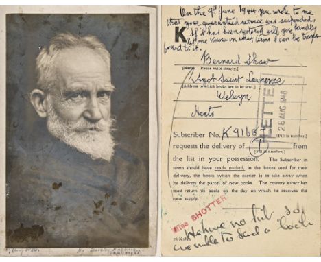 George Bernard Shaw (1856-1950), two autograph manuscript postcards,&nbsp;1) photographic portrait of the man of letters, ink