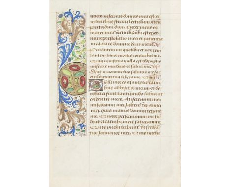 A Medieval illuminated manuscript leaf, probably from a Book of Hours, 15th c, black ink on vellum, some rubrication, hand-sc