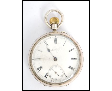 A silver hallmarked gents open faced crown wind lever pocket watch, the enamel face with Roman numeral chapter ring, subsidia