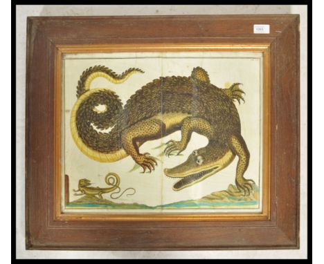 An unusual 20th century wooden framed anatomical depiction of a crocodile appearing to a plate from larger book. The print wi