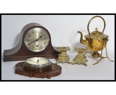 A vintage wooden cased Napoleon hat Westminster chime  mantle clock together with a oak mounted Aneroid barometer, brass spir