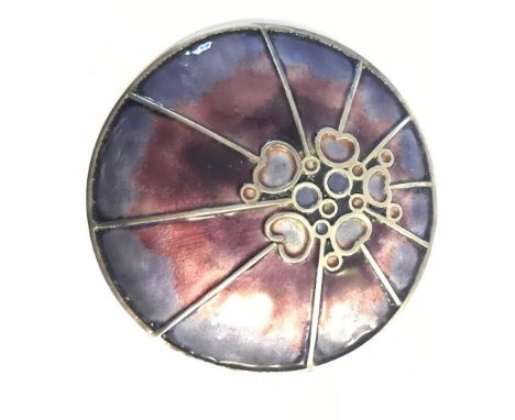 A hallmarked silver and enamel Norman Grant honesty brooch pendant decorated with graduated pink and purple enamel amongst de