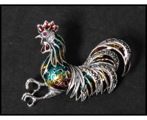 A 925 silver plique a jour enamel figural brooch in the form of&nbsp; a cockerel set with marcasite having a roller clip clas