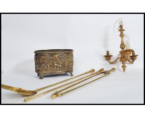 A group of three 19th century fireside tools / companion together with a three branch gilt ceiling light fixture and a fabulo