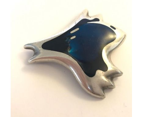 A signed iconic modernist silver and enamel 1950's Henning Koppel for Georg Jensen Amoeba brooch pin decorated with enamel ha