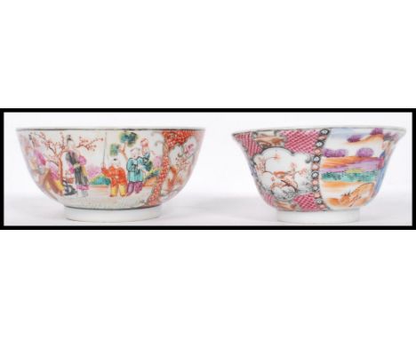 Two late 19th early 20th century Chinese ceramic hand painted bowls, each bowl with applied hand painted court and family sce