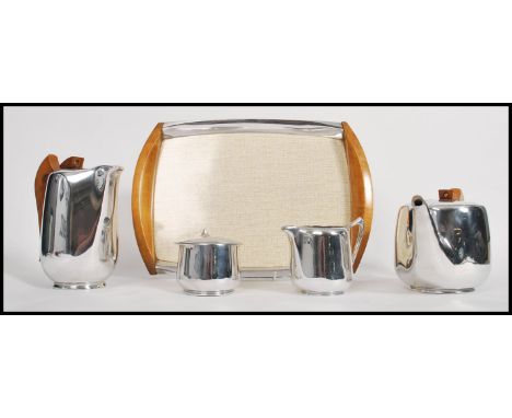 A mid 20th century retro Picquot ware stainless steel&nbsp; and wooden tea service complete with original tray and coffee pot