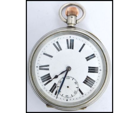 A silver plated Swiss made lever open faced crown wind pocket watch, having enamel face with Roman numeral chapter ring and a