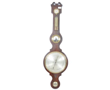 A 19th century Regency rosewood wall banjo barometer by Haines of Swindon. The large central dial with thermometer to the nec