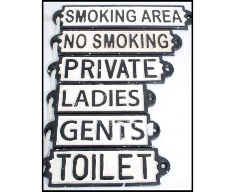 A collection of six vintage style cast metal wall / door&nbsp; plaques in the manner of Worboys to include Toilets, Ladies, G