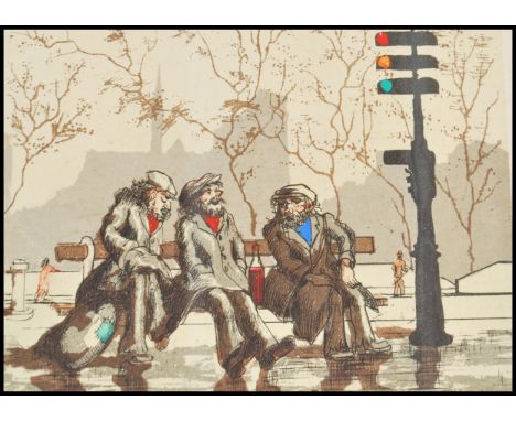 A vintage framed and glazed French lithograph / print picture depicting three vagrants sat on a bench drinking wine, signed i