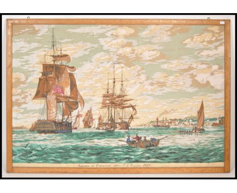 A large mid century print on fabric depicting ' Indiamen at Gravesend ' The tall ships print with notation to base being afte
