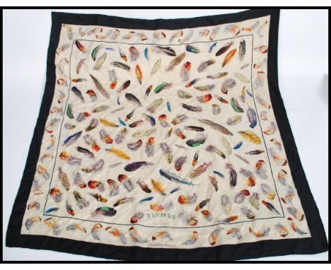 A vintage Hermes of Paris silk scarf, Plumes par Henri de Linares, multi-coloured feather design, green border, hand rolled e