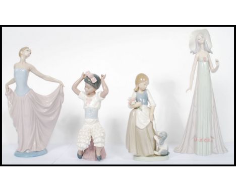 A collection of Lladro (3) to include model No's 5160 girl seated on stool, tall lady in flowing dress, girl with puppy dog b