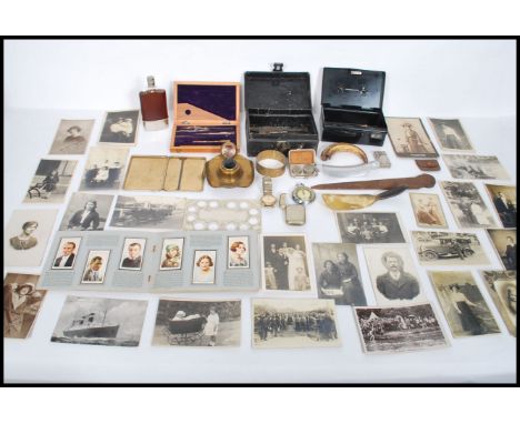 A good group of vintage 20th century items to include money tins, one with vintage padlock, hip flask, cigarette case, brass 