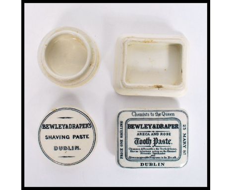 Two 19th century Victorian Bewley &amp; Draper pratware ceramic pots and lids. One of circular form bearing notation reading 