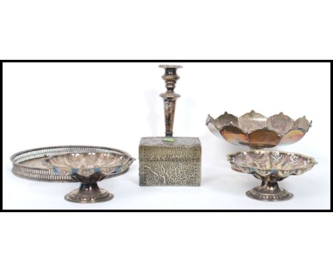 A collection of silver plated wares to include an Arts &amp; Crafts hammered trinket box of rectangular form together with a 