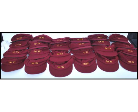 A set of 24 vintage rugby sporting caps of matching form with embroidered numbers having plain area to hat form club badge to