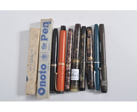 A cololection of vintage 20th century fountain pens to include a Onoto de La Rue ' the pen ', a Conway Stewart ' Dinkie ' in 