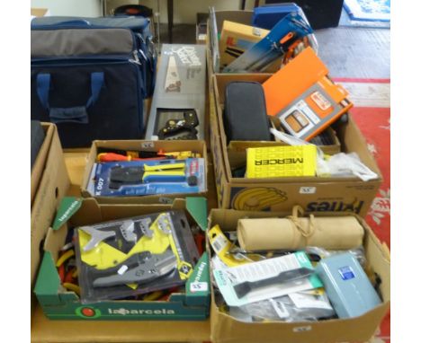 A good quantity of new tools, testers, chisels, drill bits, files, pliers, hammers etc. in five boxes together with a boxed s