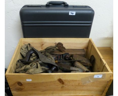 A box of tools including wooden planes, other planes etc. together with hard plastic camera case