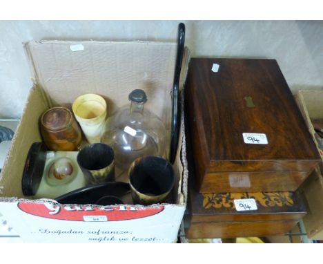 Horn beakers, cased travelling scales, hand mirror, two rosewood boxes, Victorian fly catcher, hat pins etc. (3)