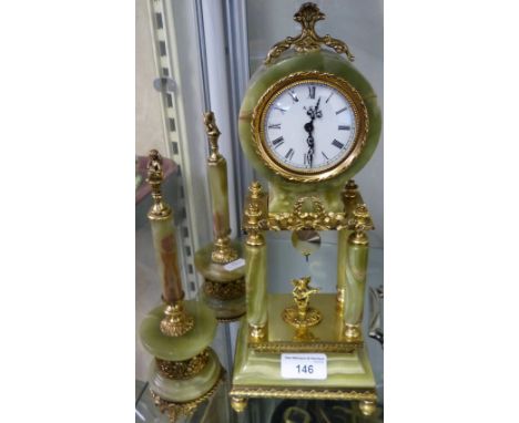 A green marble and gilt clock garniture with quartz movement (3)