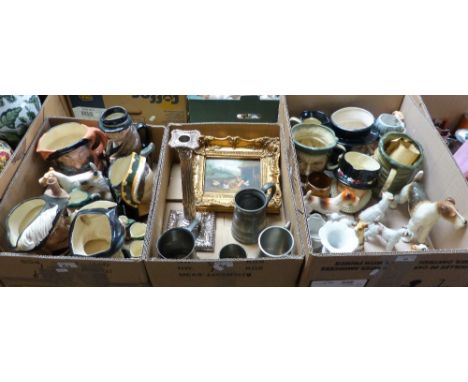 A box of Doulton character jugs including Churchill, a Royal Doulton Airedale Terrier figure together with four tankards, a p
