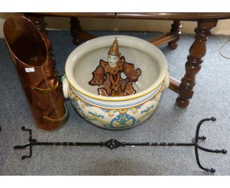 A large ceramic bowl, 50cm diameter, a copper coal scuttle, oriental puppet and wrought iron plant stand (4)