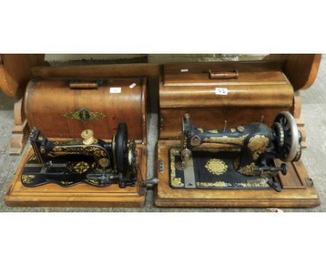 A Jones manual sewing machine in wooden case together with a manual Singer sewing machine in case (2)