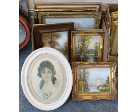 Framed oval portrait of a young lady together with various other pictures and paintings (10)