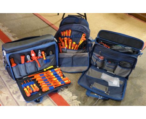 Two Electrician's tool bags complete with tools together with another tool bag with contents of testers etc. (2)