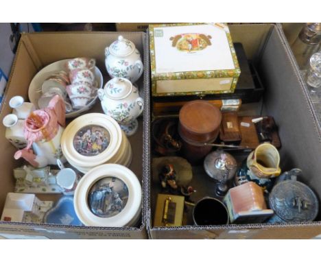 A collection of eight mounted pot lids together with a pair of Aynsley lidded vases, Coalport model ceramic houses, cigar box