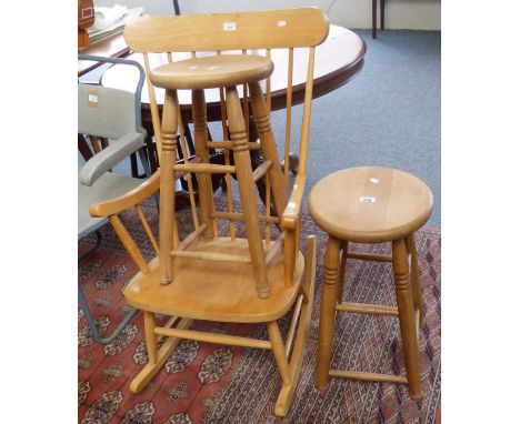 A modern beech stick-back rocking chair and a pair of beech stools (3)