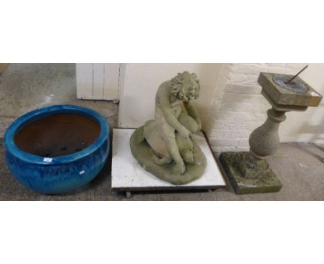 A large glazed planter together with sundial and a figure of a boy on a turtle (3)