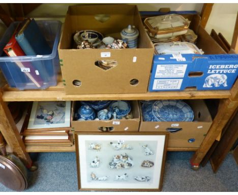 Four boxes of china, including part dinner service, tea service, Crown Devon teapot, blue and white, other figures etc., stam