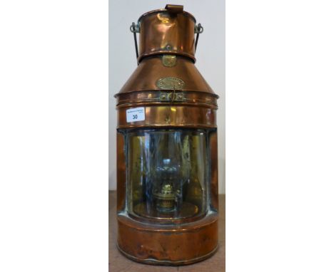 Copper ship's lamp manufactured by Griffiths and sons, Birmingham No. 7398, approximately 43cm tall
