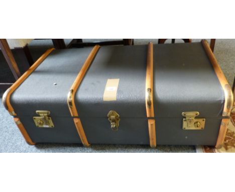A wooden bound canvas covered cabin trunk, 90cm wide