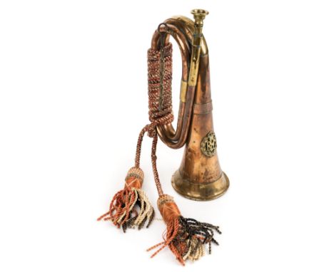 *Royal Flying Corps. A WWI RFC copper and brass bugle by B&H Ltd 1914,  applied with RFC badge and stamped "ROYAL FLYING CORP