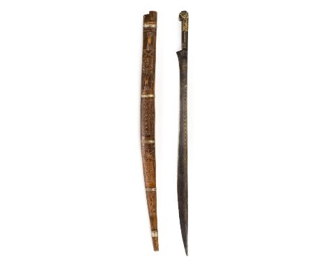 *Sword. A 19th century North African Berber sword,  the 67cm Flyssa type blade with geometric gold inlay, the metal grip with