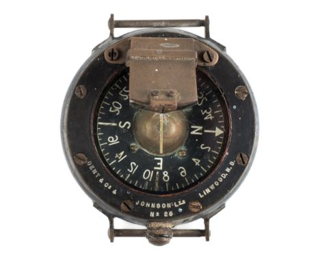 *Royal Flying Corps. WWI Pilot's wrist compass by Dent & Co & Johnson Ltd,  with circular black dial, glass prism and black c