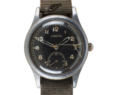 *Military Wristwatch. Lemania military wristwatch,  with black circular dial, Arabic numerals, subsidiary seconds dial, stain