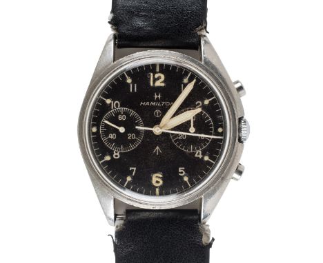 *Military Wristwatch. A 1970 Hamilton military chronograph wristwatch,  with black circular dial, broad arrow and T mark, Ara