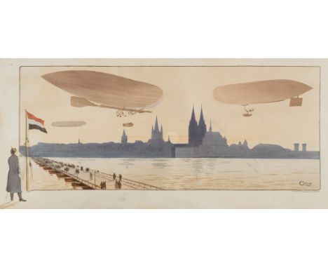 *Montaut (Marguerite M.). Les dirigables Perceval et Gross en Monouvre a Cologne, an original lithograph pochoir print, 1910,